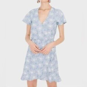 J. Crew Mercantile Blue & White Chambray Ruffle Faux Wrap Dress XXS
